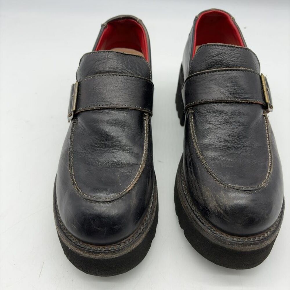 BED|STU Black Leather Platform Monk Strap Loafers with Red Lining